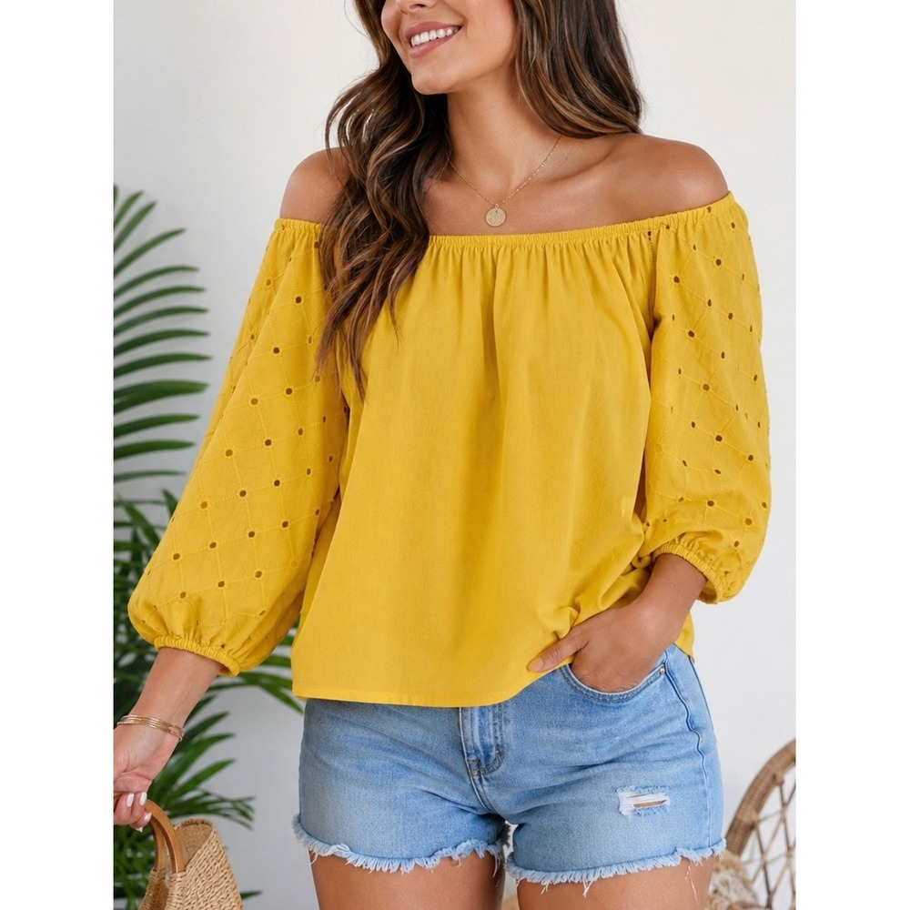A New Day Yellow Eyelet Sleeve Peasant Blouse Size Large 100% Cotton